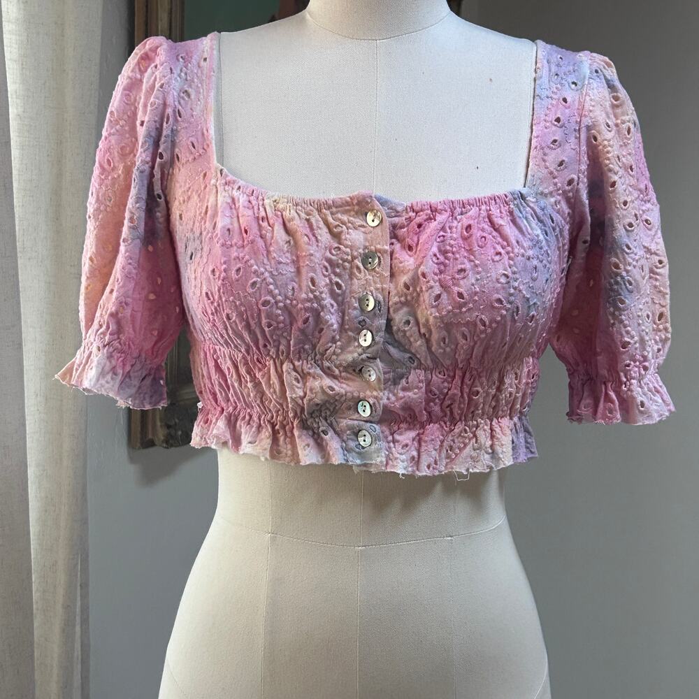 Milkmaid Rainbow Fairy Cotton Eyelet Crop Top Puff Sleeve Coquette Festival XS S